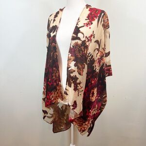 Women Heart Floral Velvet Burnout Kimono Red Brown One Size Bohemian Sheer